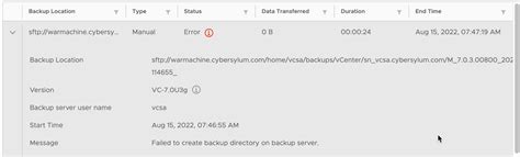 The issue arises where the SiteDBServer directory cannot be created as per the message below. . Failed to create backup directory on backup server